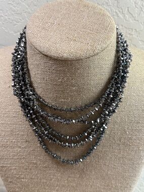 Layered Hematite Crystal Multi-Strand Necklace - Gunmetal Sparkle